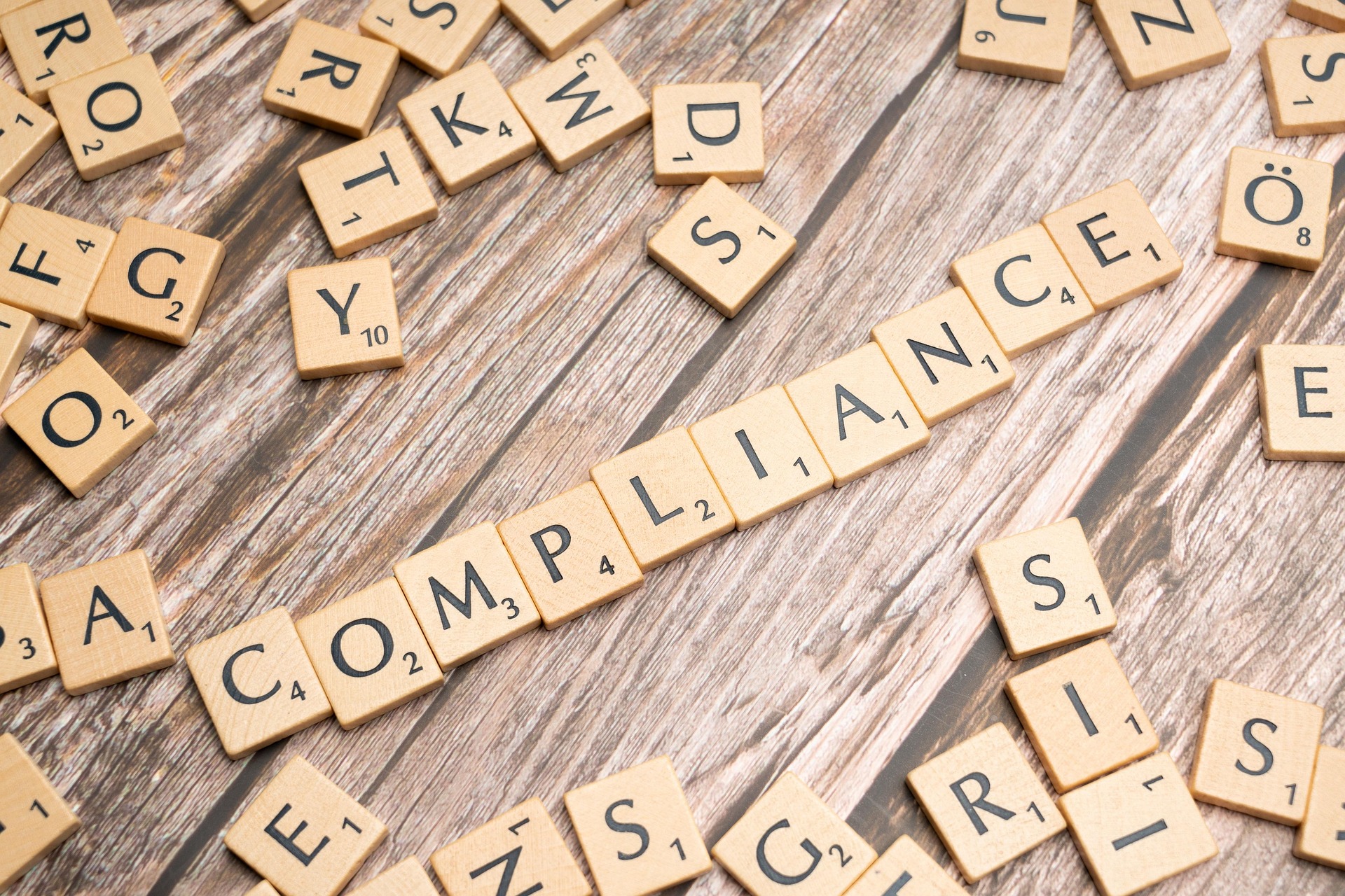 Schriftzug Compliance zwischen Symbolen für Regeln und Prüfung